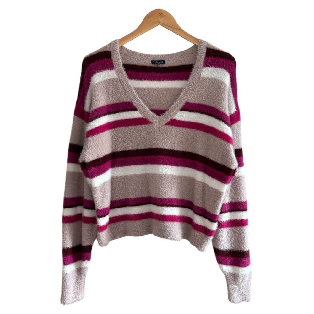 SPLENDID | Striped Fuzzy V-neck Dolman Sleeve Eyelash Sweater M